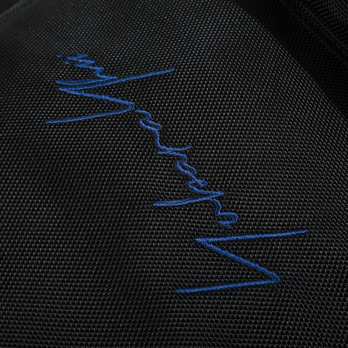 Close-up of blue embroidered script on textured black bag fabric.