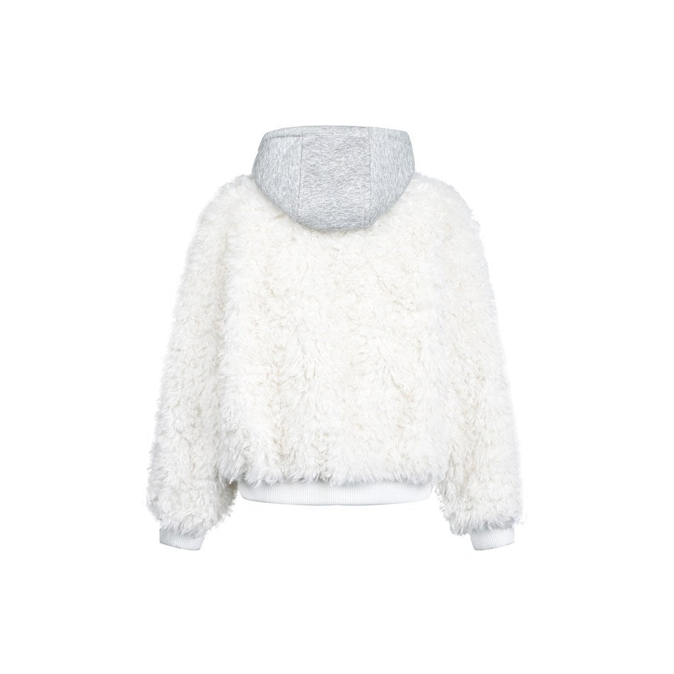 Back view of a white fluffy jacket with a light gray hood, ribbed hem and cuffs on a white background.