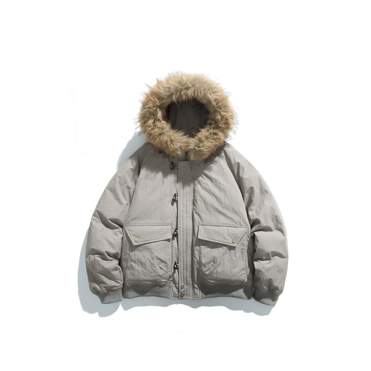 Gray hooded down-style jacket with fur-like hood trim, toggle closures and two flap pockets, front flat lay