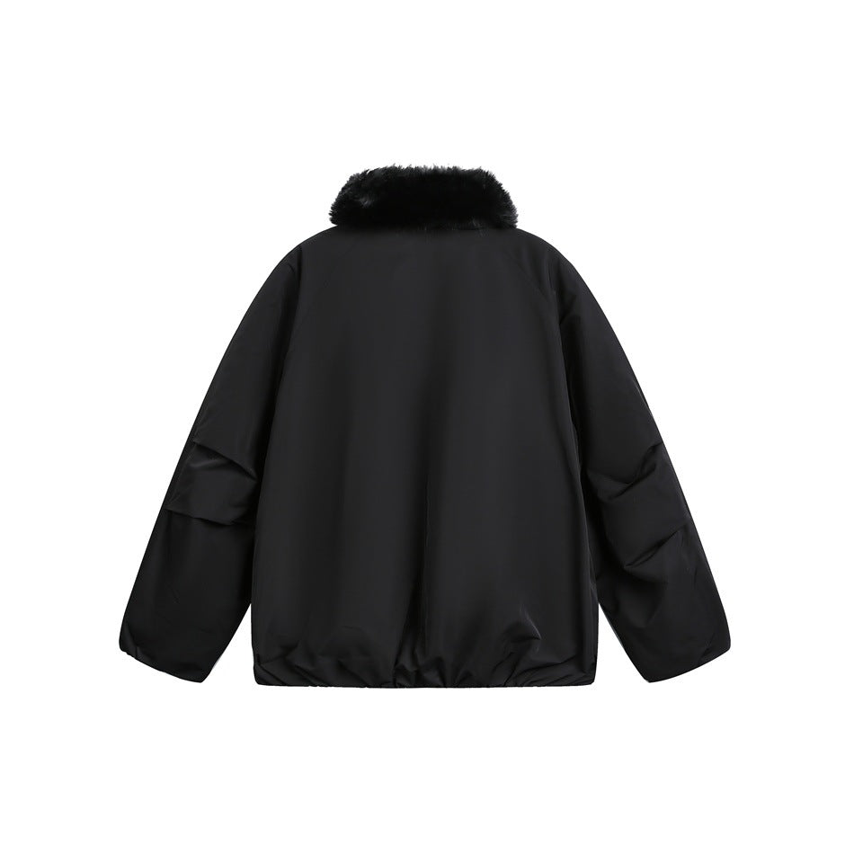 Back view of a black jacket with a black faux-fur collar and long sleeves.