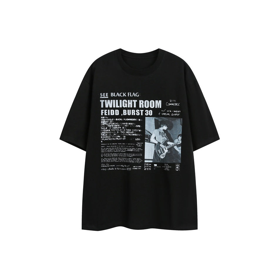 Black short-sleeve crew-neck T-shirt with white and gray newspaper-style guitarist graphic print on the front