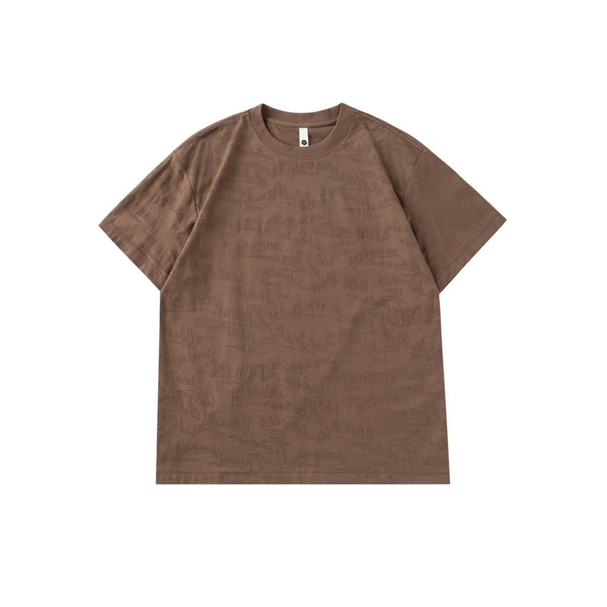Brown short-sleeve crew-neck T-shirt with tonal textured jacquard pattern, flat front view