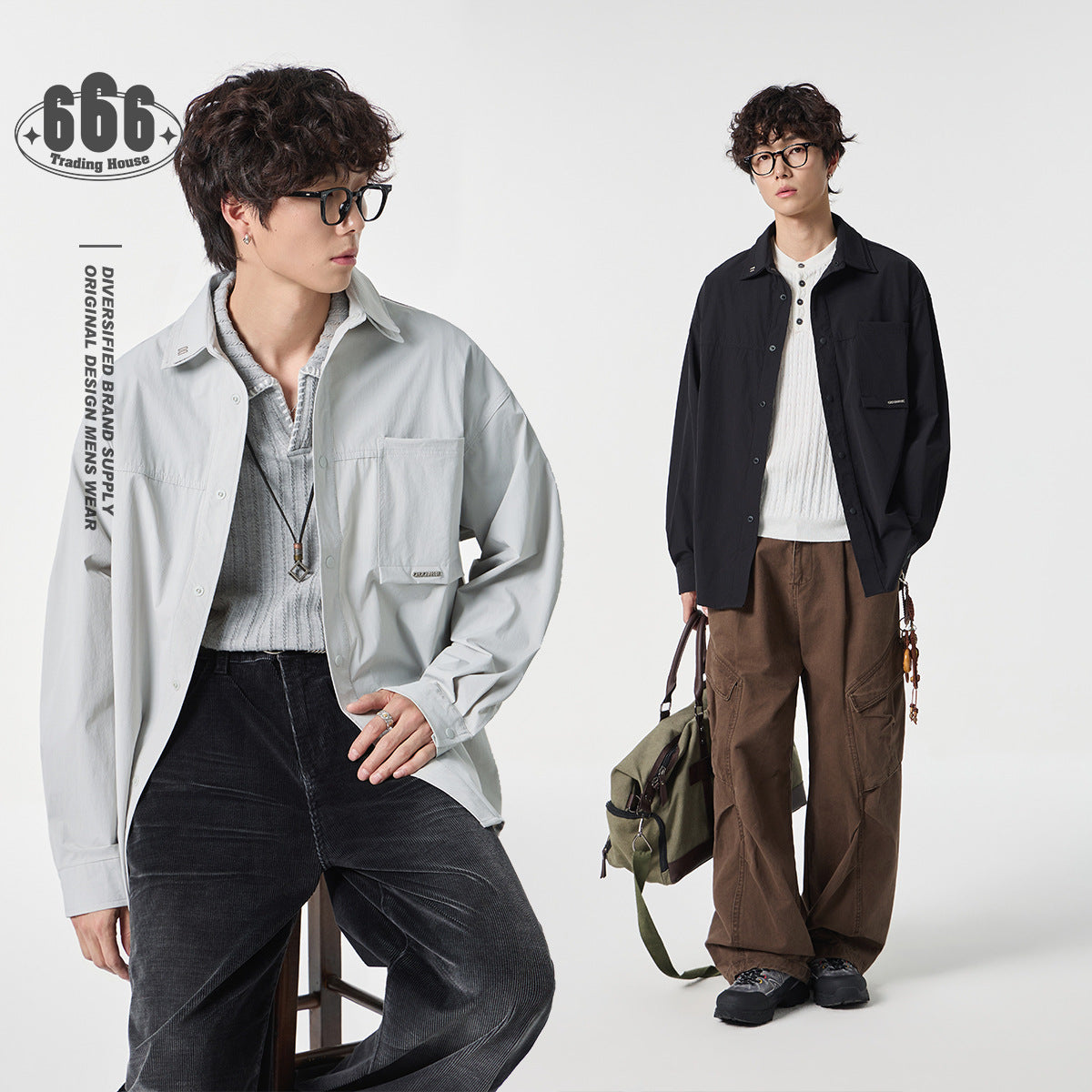 SANHOMME美式潮牌户外机能双层领衬衣长袖工装衬衫男春秋外套6061