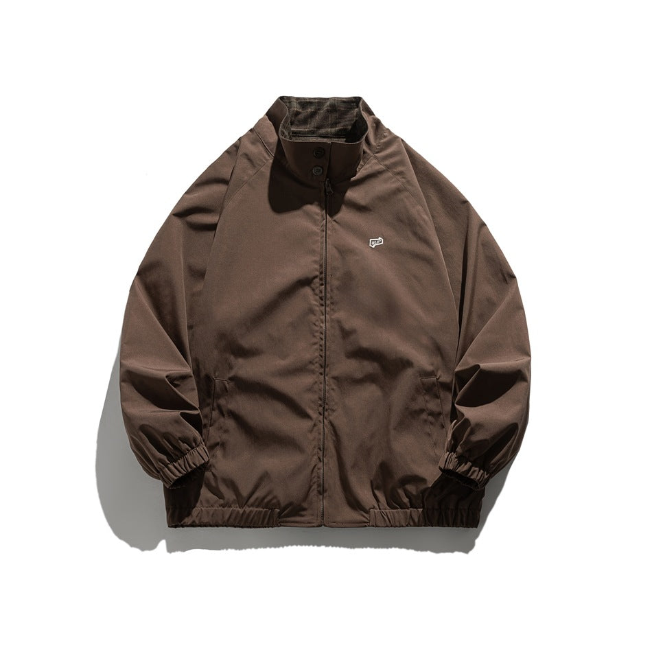 Coffee brown zip-up Harrington jacket with stand collar, elastic cuffs and hem, laid flat