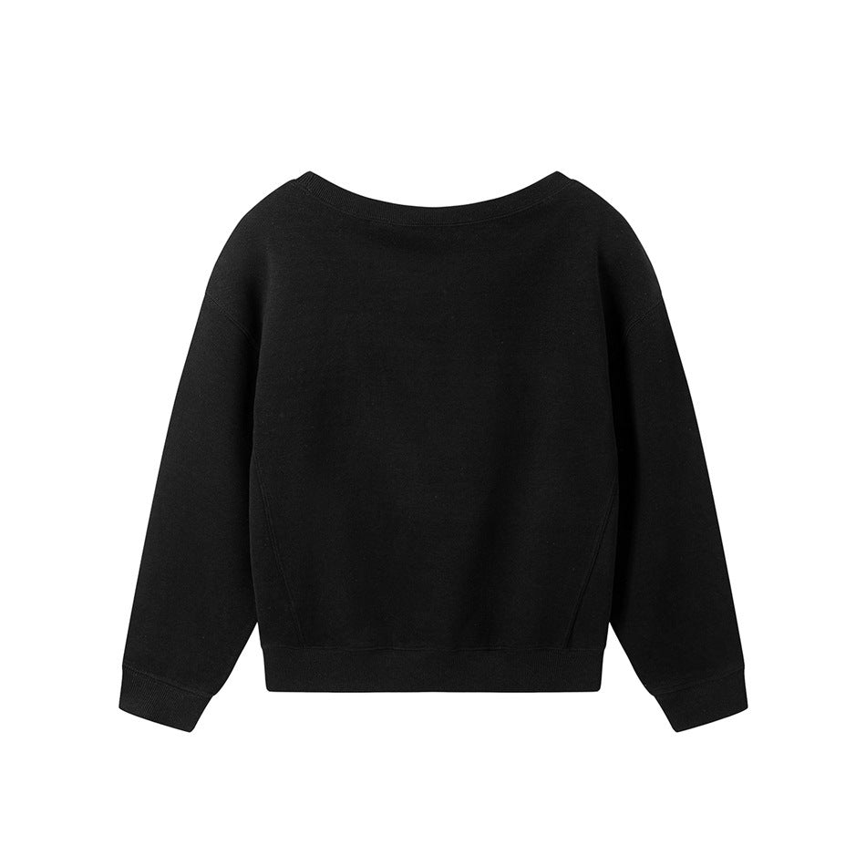 Back view of a plain black crewneck sweatshirt with ribbed cuffs and hem and side panel seams