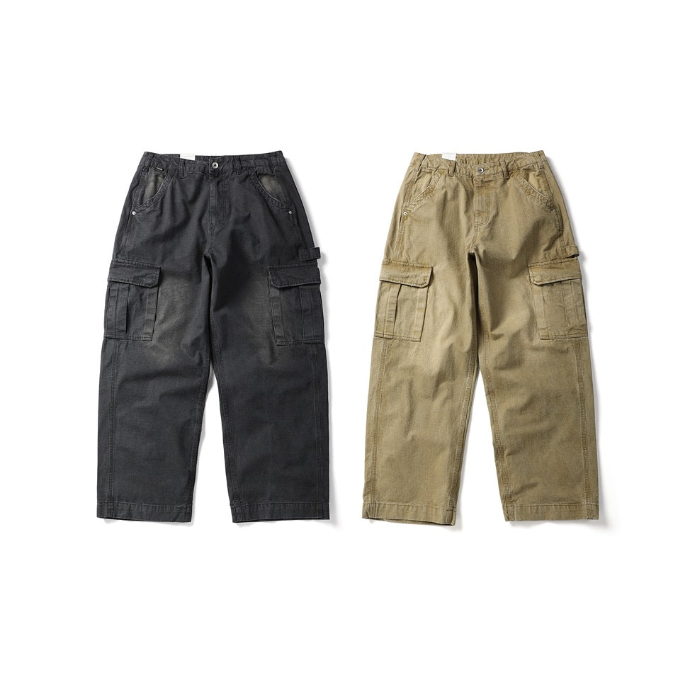 Two pairs of wide-leg cargo pants shown from the front in charcoal gray and khaki.