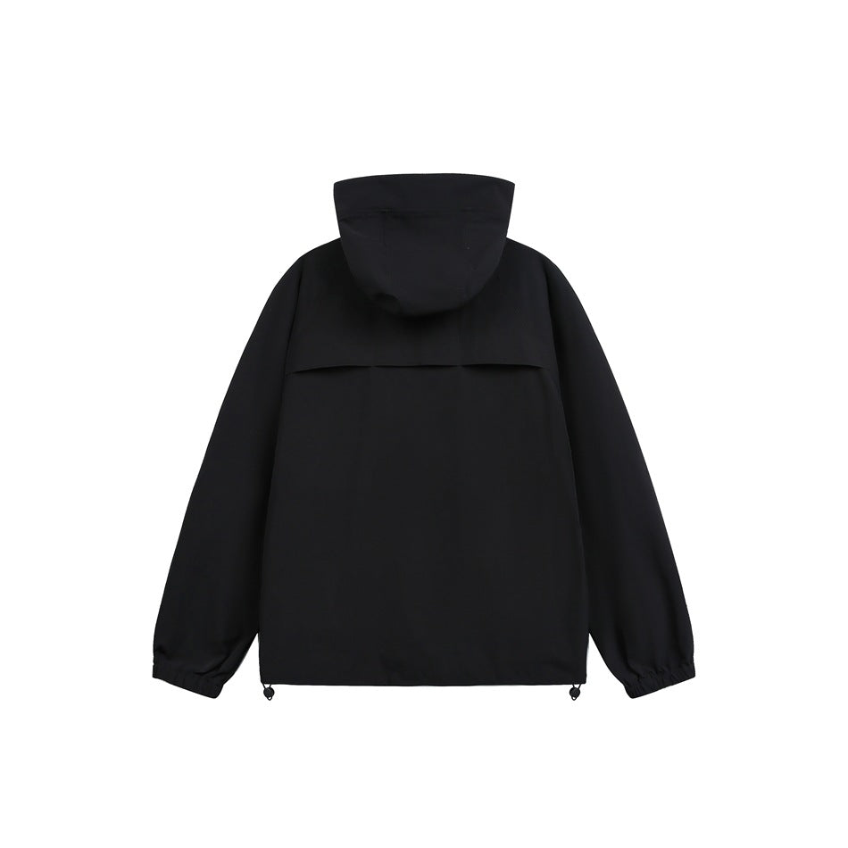 Back view of a black hooded jacket with a rear storm flap, elastic cuffs, and adjustable hem cords.