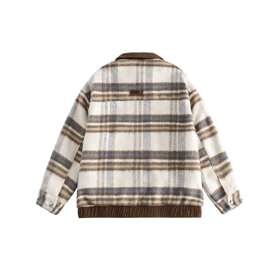 Back view of cream plaid jacket with brown corduroy-look collar, small back patch and ribbed hem band