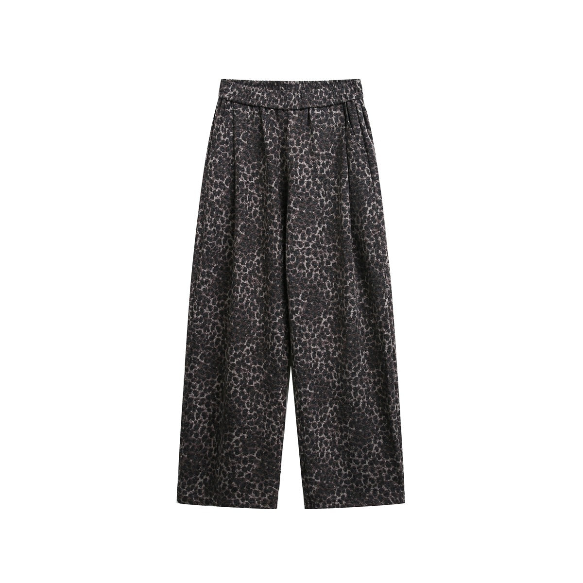 Dark leopard-print wide-leg pants with elastic waistband, front view flat on white background