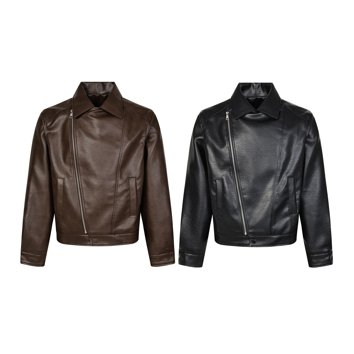 Front views of two collared jackets with diagonal zippers and pockets, one dark brown and one black.