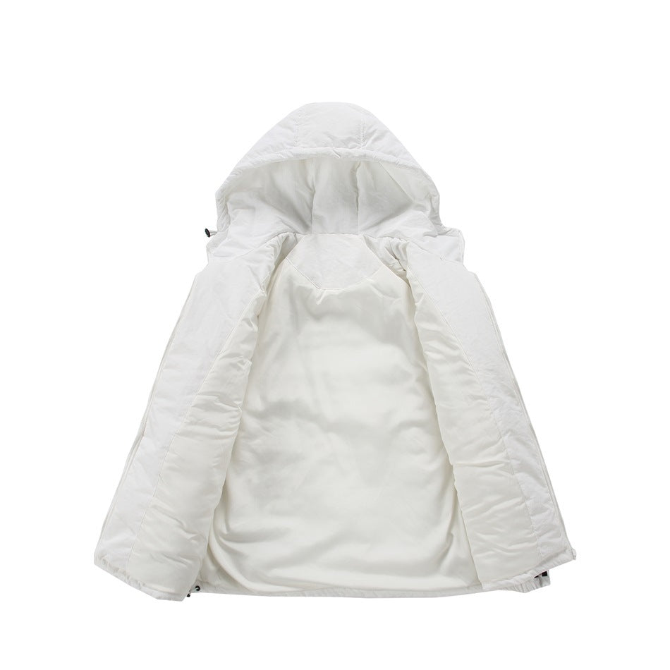 White hooded jacket laid open flat, showing the interior lining and hood.