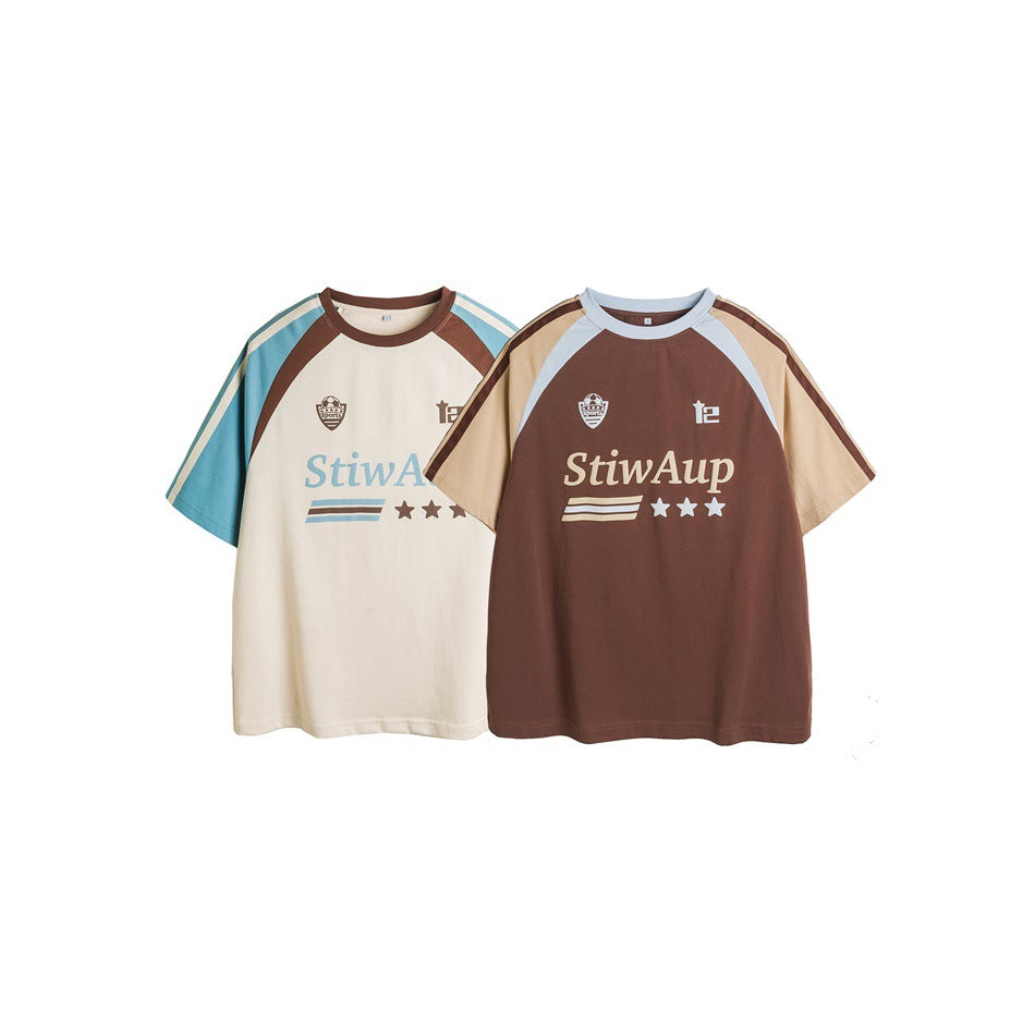 Two short-sleeve raglan T-shirts shown from the front: one cream with blue and brown panels, one brown with cream and pale