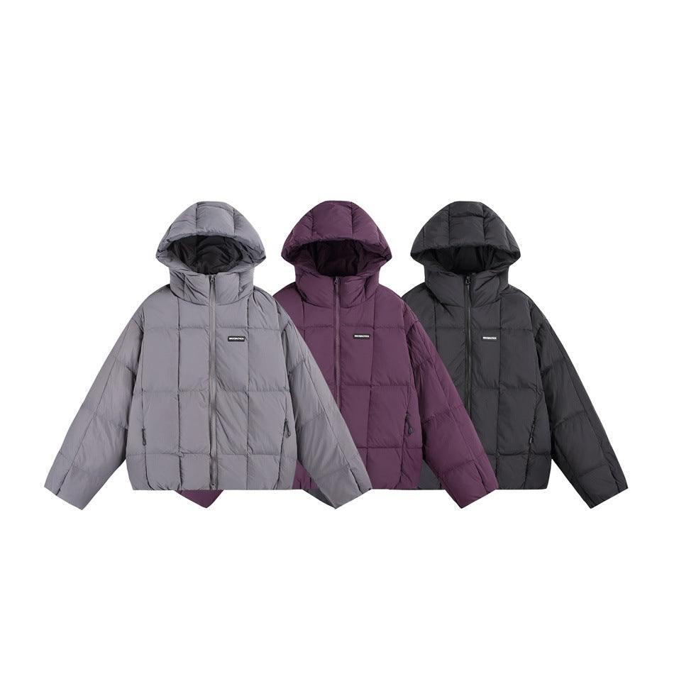 Three hooded quilted jackets shown from the front in gray, plum, and black.