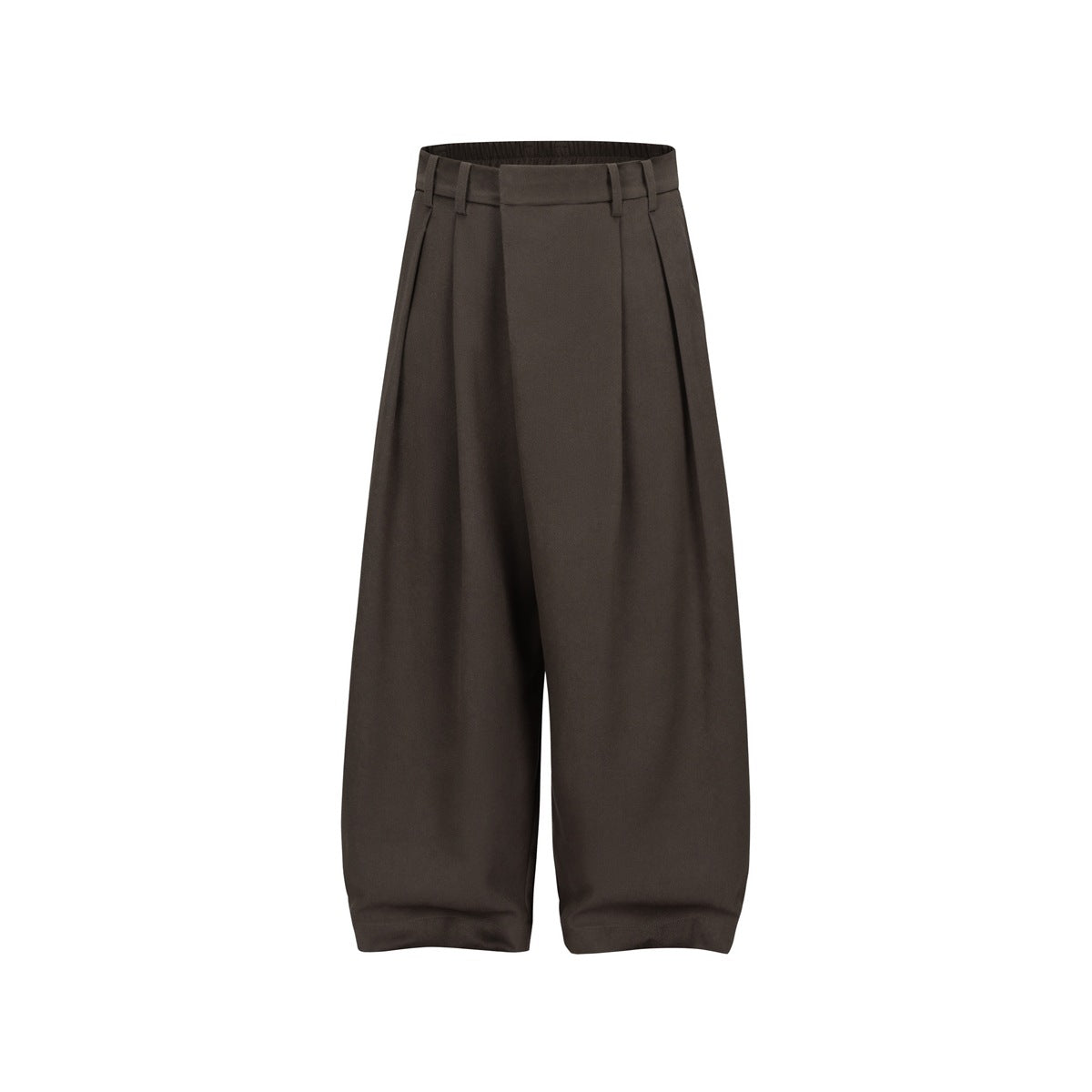 Brown wide-leg pleated trousers with belt loops and elastic back waist, flat front view