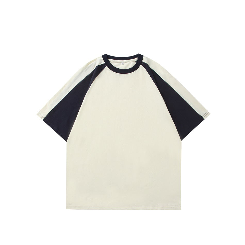 Cream crew-neck raglan T-shirt with navy sleeves and collar, flat front view