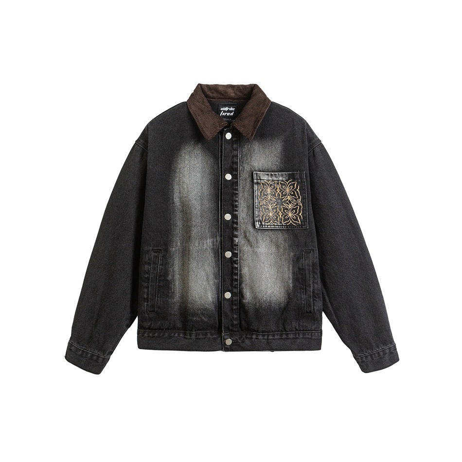Black washed denim jacket with brown corduroy collar, snap buttons and embroidered chest pocket, front view