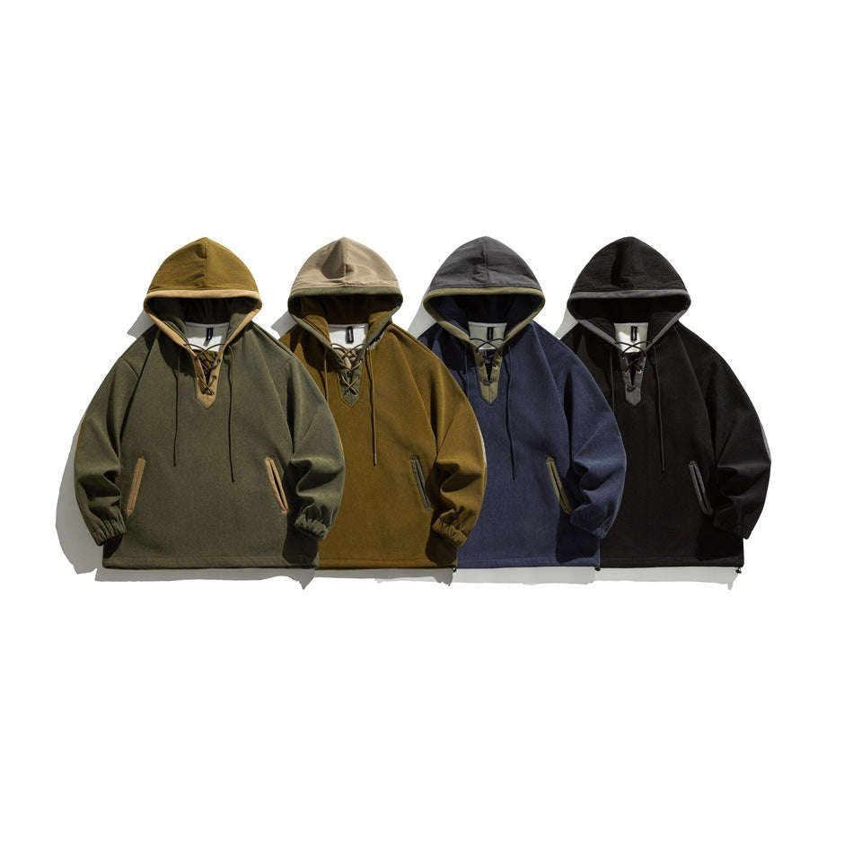 Four front-view hooded pullovers in olive green, ochre, navy, and black, each with contrasting hood trim and pockets.