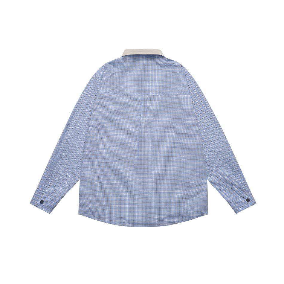Back view of a blue plaid long-sleeve shirt with a contrasting beige collar and buttoned cuffs.