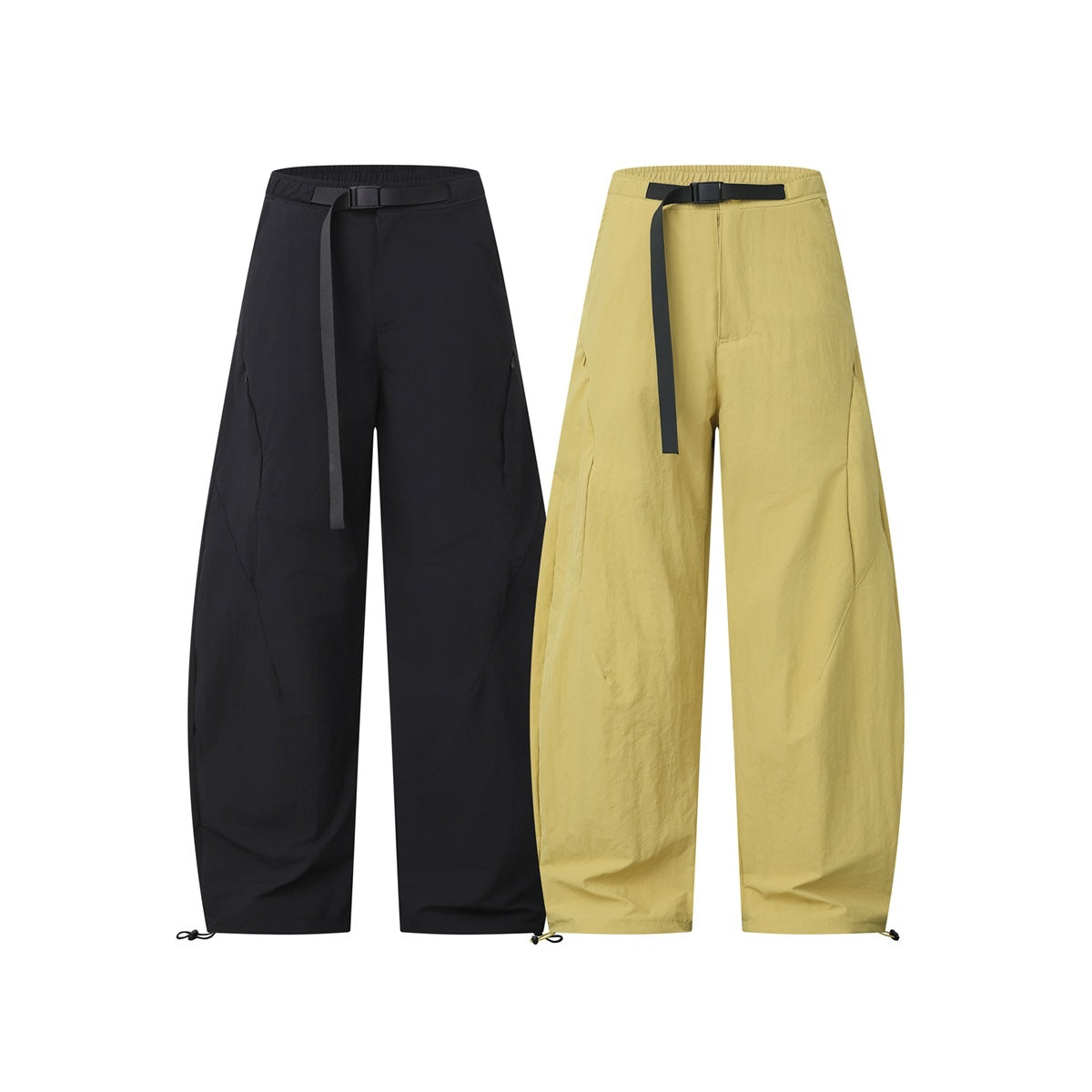 Front view of wide-leg pants in black and mustard yellow, both with elastic waists, black belts, and hem drawcords.