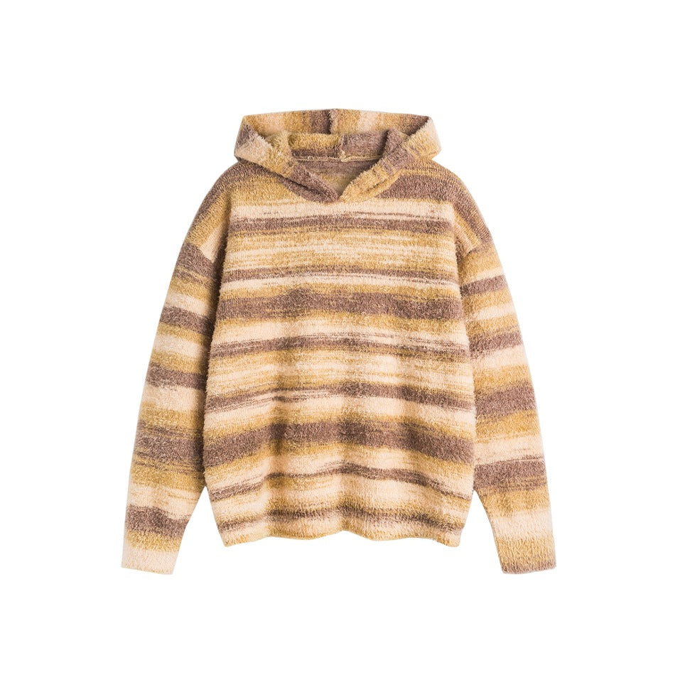 Tan, yellow and cream striped fuzzy knit hooded pullover sweater shown flat from the front