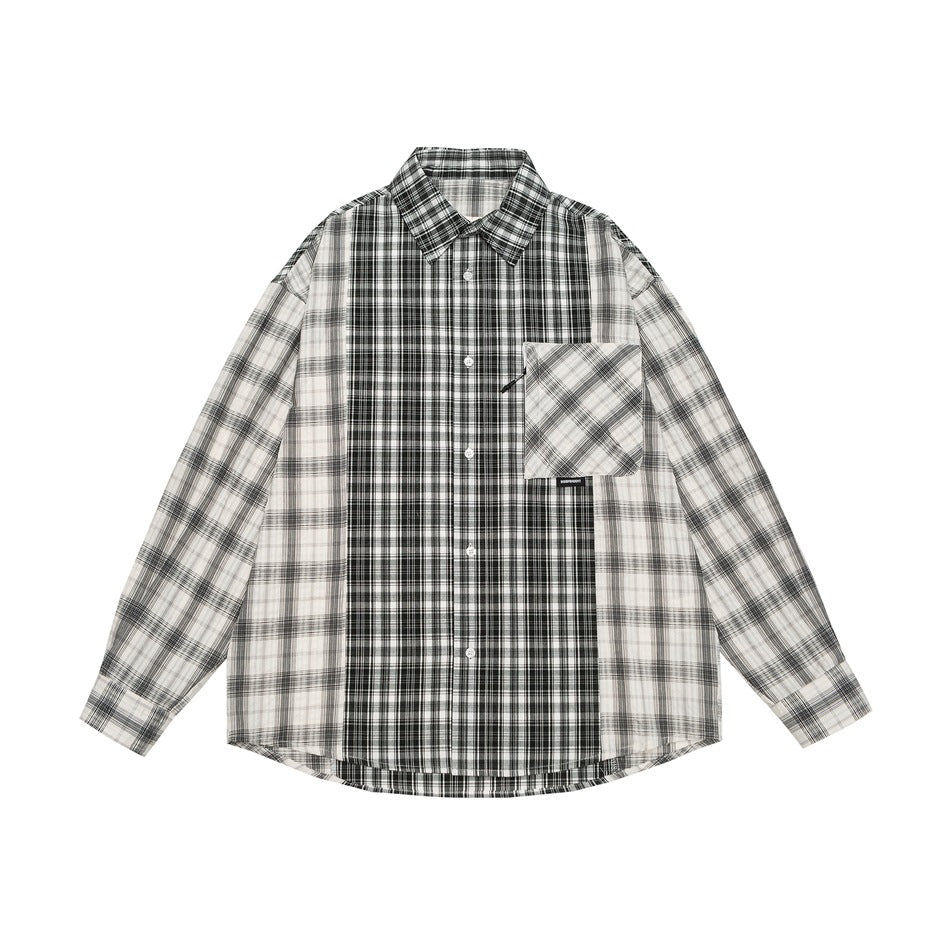 Black and white patchwork plaid long-sleeve button-up shirt with chest patch pocket, flat front view