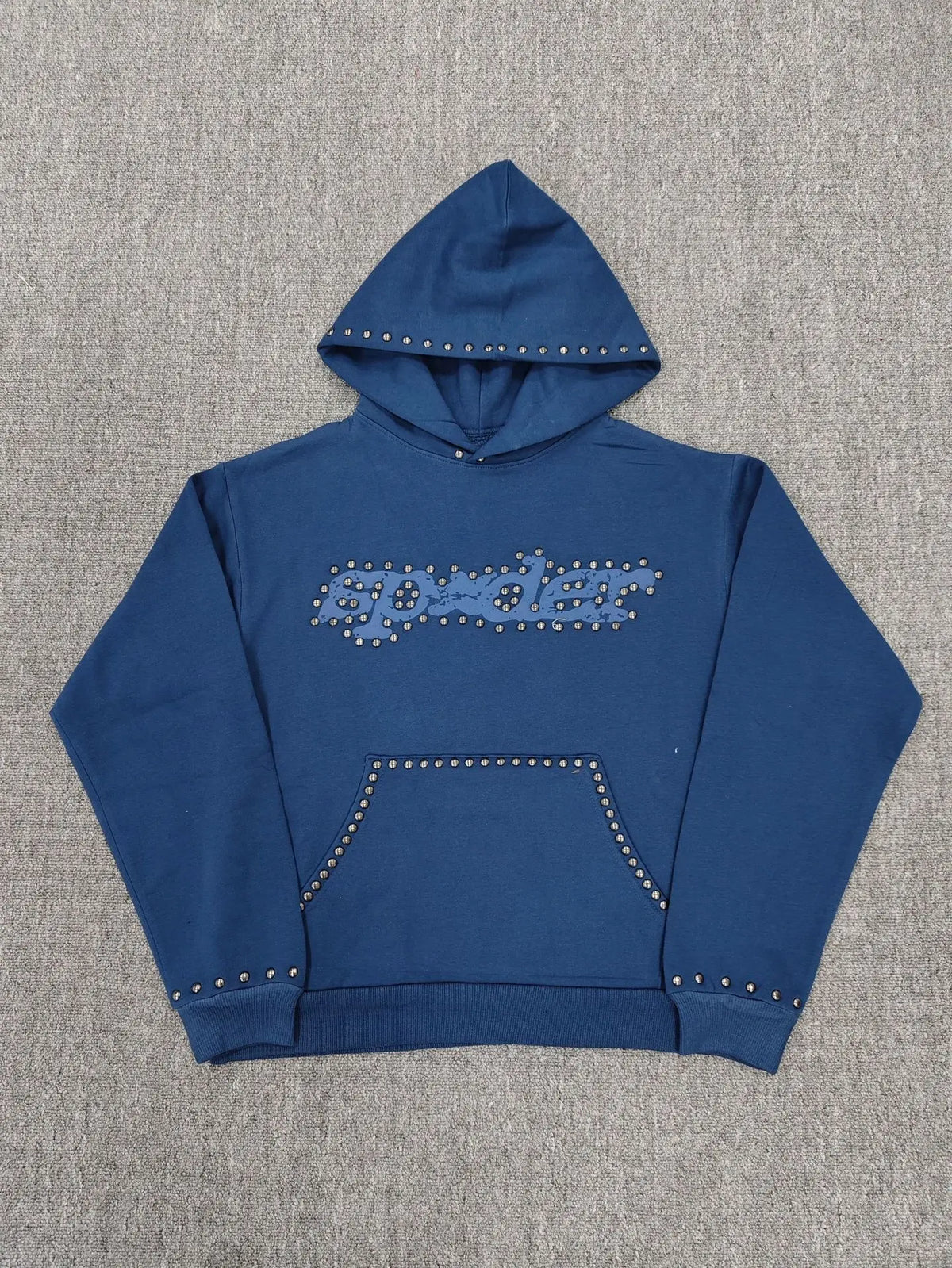 Navy blue Sp5der hoodie with rhinestone logo and metal stud trim detailing