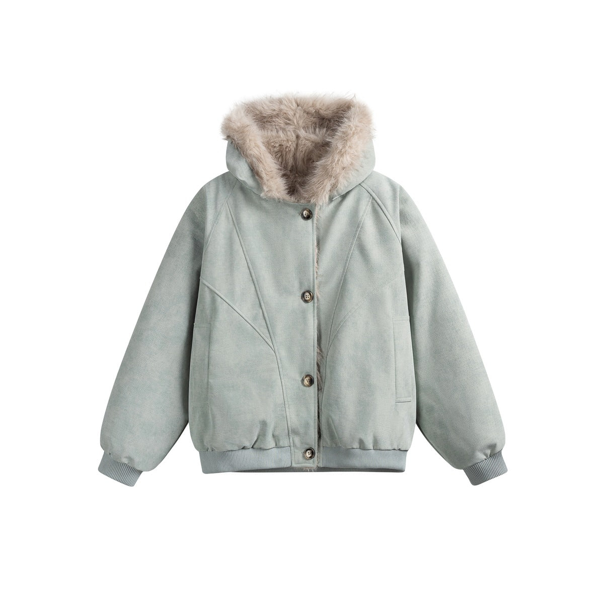 Sage green hooded button-front jacket with fur-like hood trim, ribbed cuffs and hem, flat front view