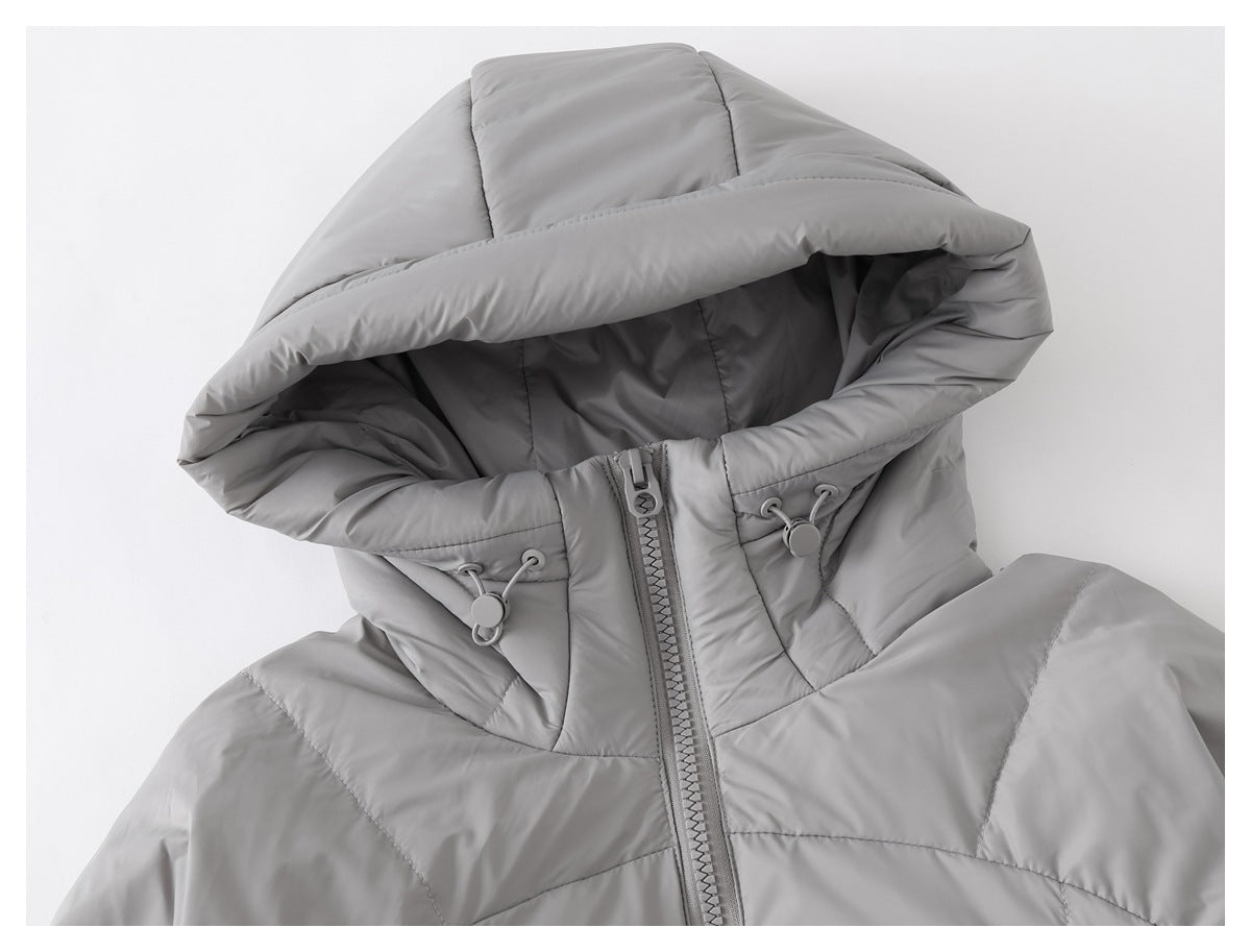 Close-up of a light gray padded jacket's hood, high collar, front zipper, and adjustable drawcords.