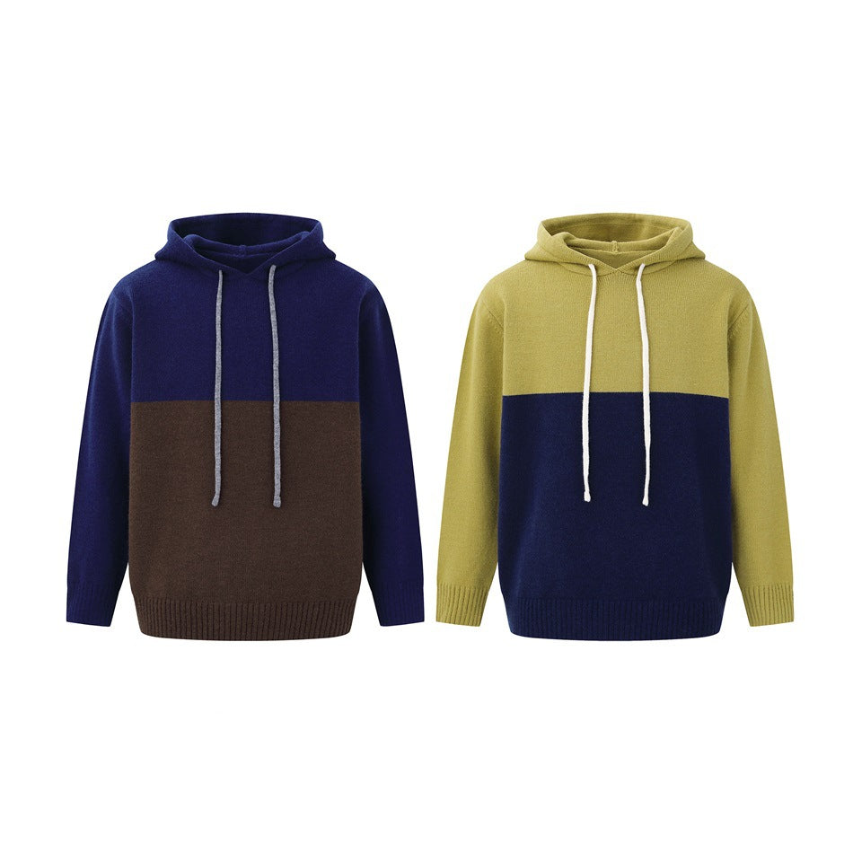 Two colorways of a knitted hooded sweater: navy and brown, and mustard yellow and navy.