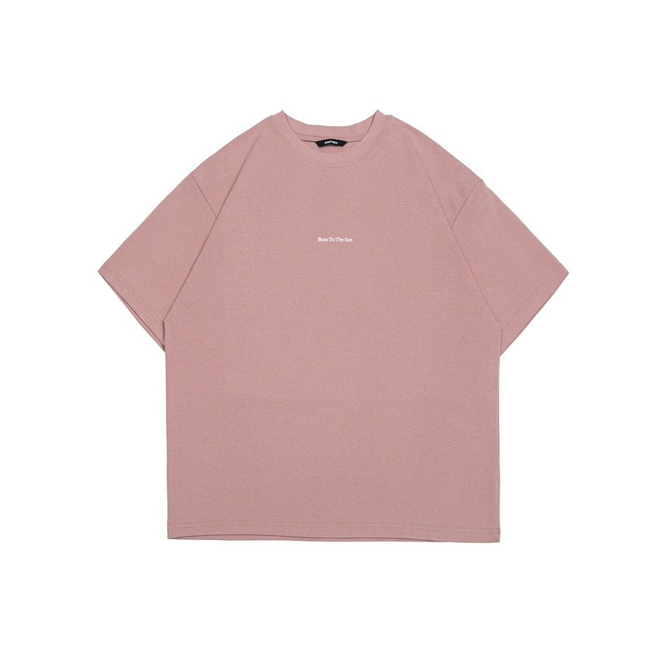 Pink short-sleeve crew-neck T-shirt, flat front view, small white text print at center chest