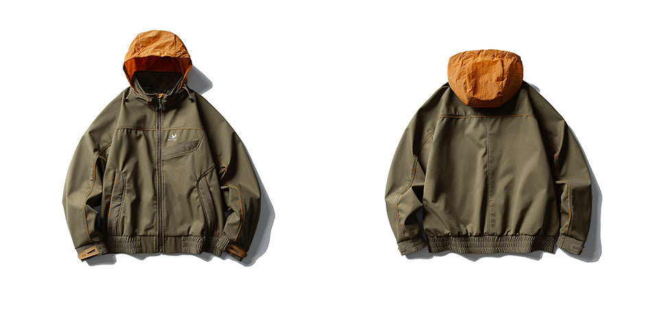 Olive-brown hooded zip jacket shown from the front and back, with an orange hood and contrast piping.