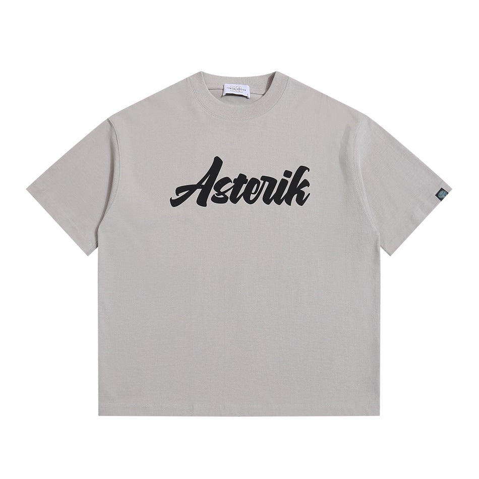 Light gray short-sleeve crew neck T-shirt with black script Asterik graphic on the chest, flat lay front view