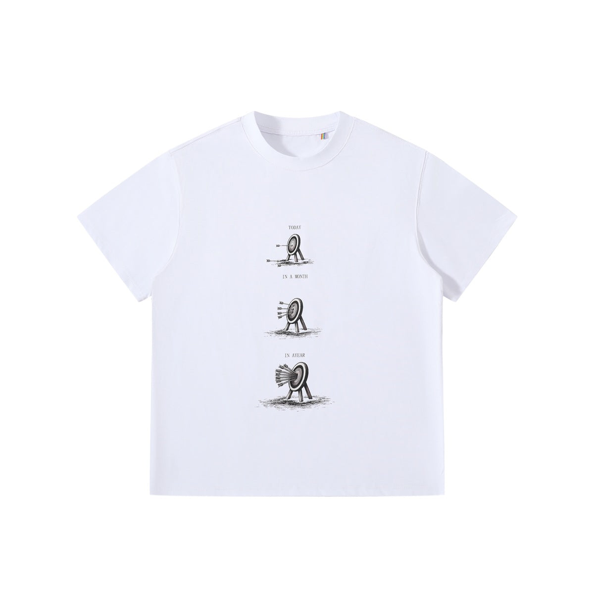 White short-sleeve crew-neck T-shirt with a three-stage archery target and arrows graphic on the chest