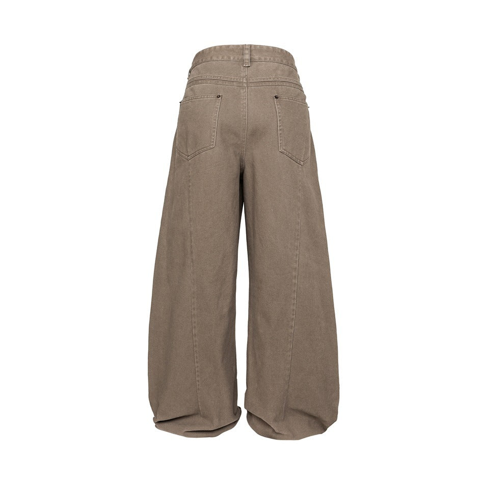 Back view of taupe wide-leg trousers with two rear pockets and long, roomy legs.