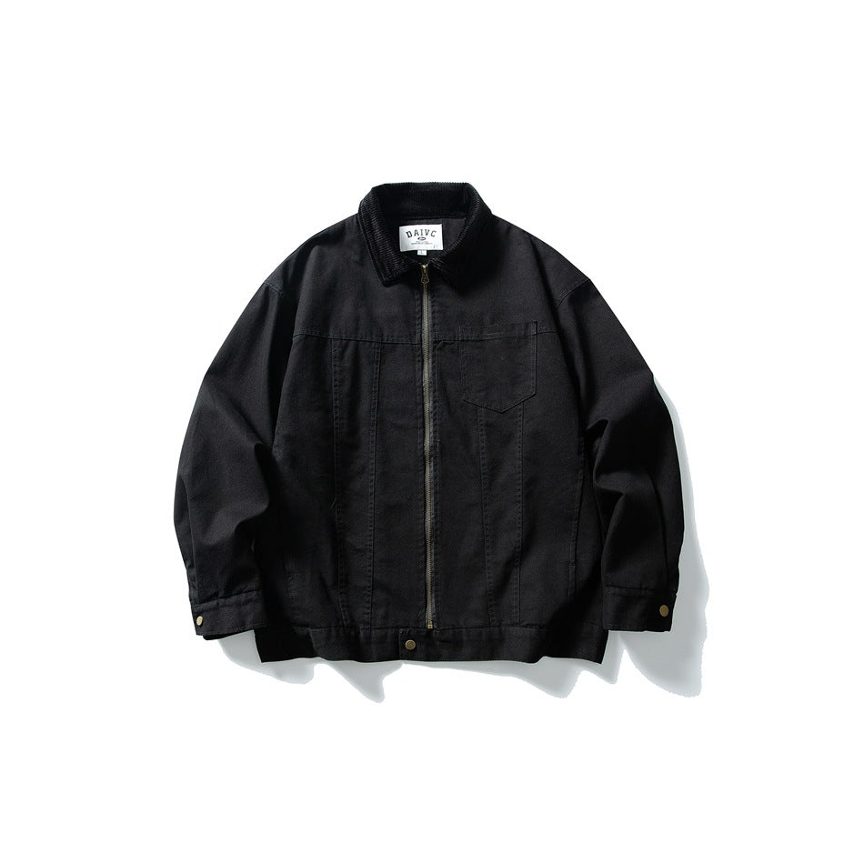 Black collared zip-front jacket with corduroy collar, chest pocket and snap cuffs, flat lay on white
