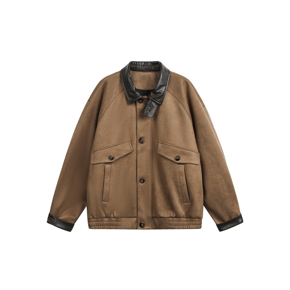 Khaki suede-look jacket with dark brown collar and cuff trim, button front, flap pockets and elastic hem, flat front view