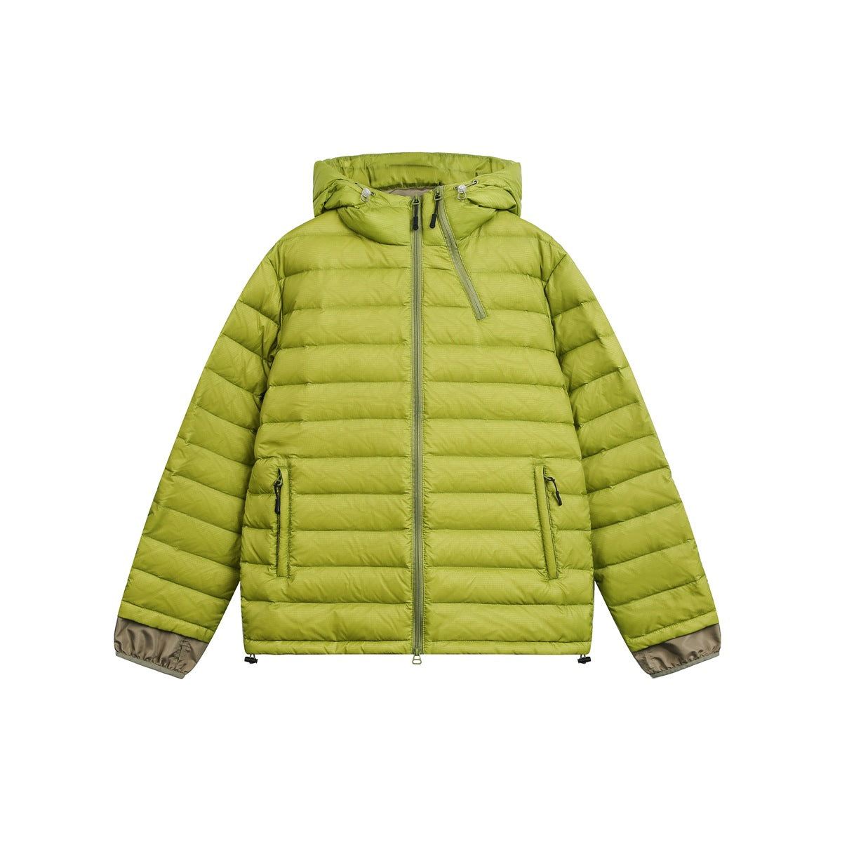 Lime green hooded quilted jacket, flat front view with zip pockets and taupe inner cuffs
