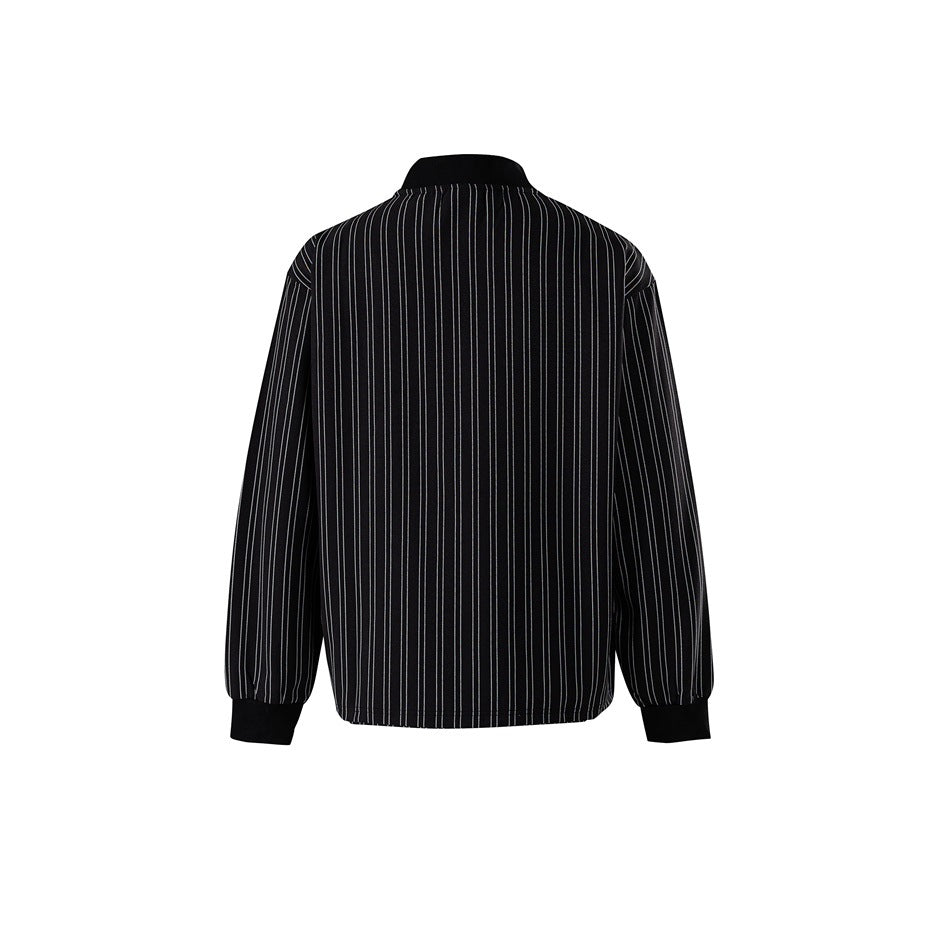 Back view of black pinstripe long-sleeve top with black ribbed collar and cuffs