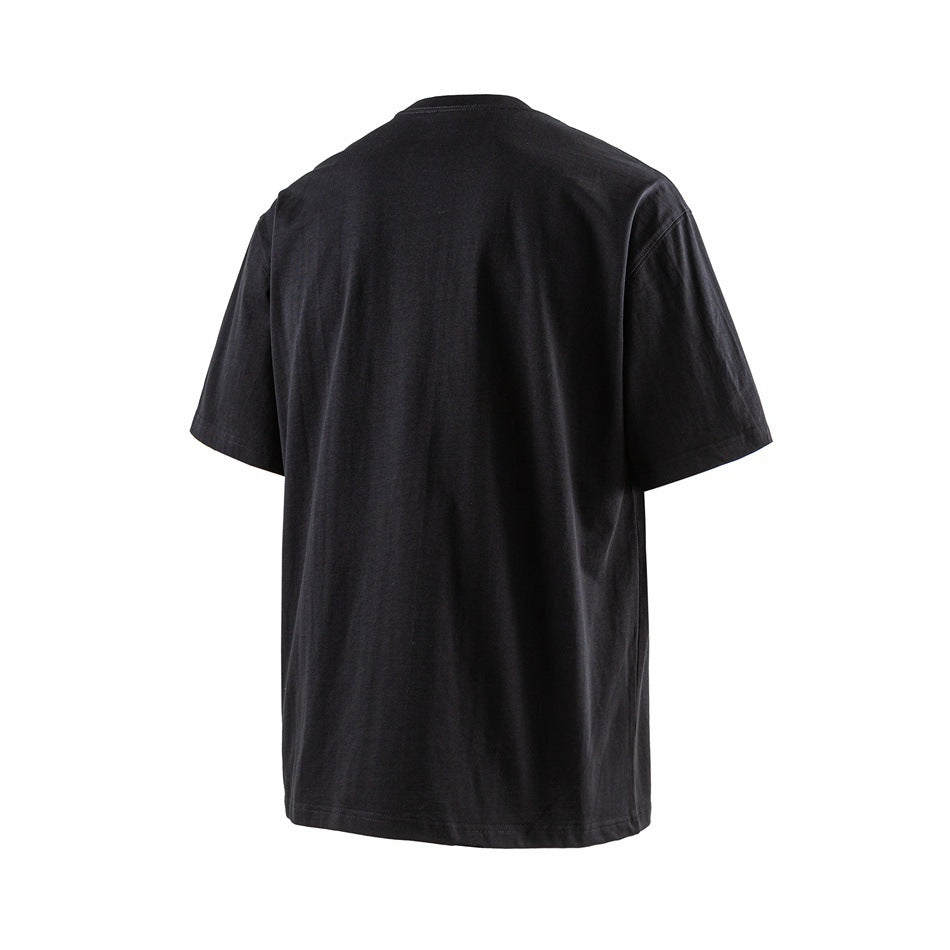 Plain black short-sleeve crew-neck T-shirt shown from the back against a white background.