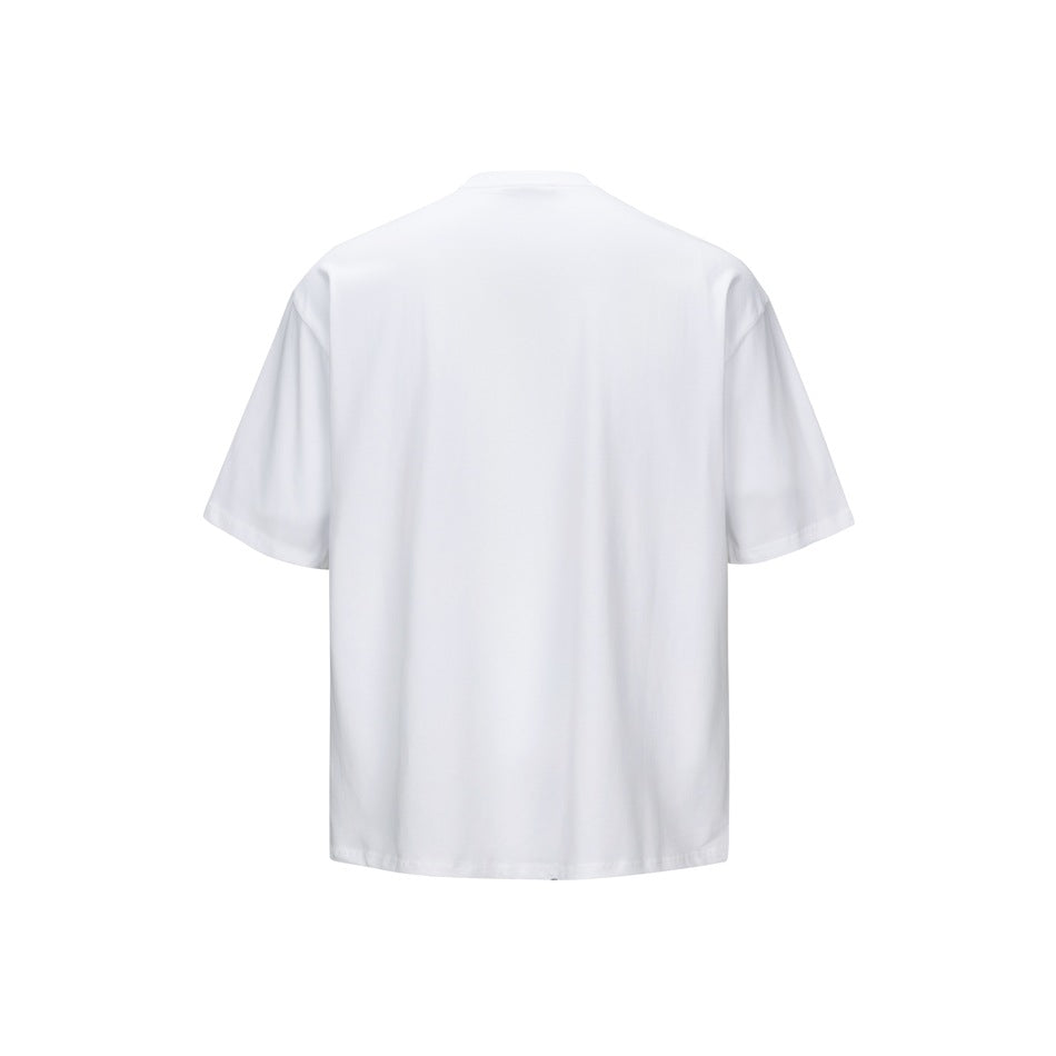 Back view of a plain white short-sleeve crew neck T-shirt with dropped shoulders