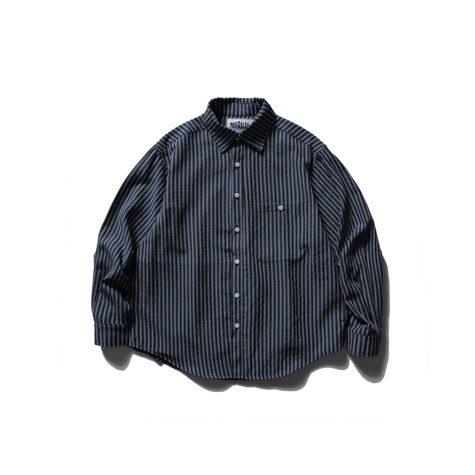 Navy dotted-stripe long-sleeve button-up shirt with chest pocket, flat lay front view