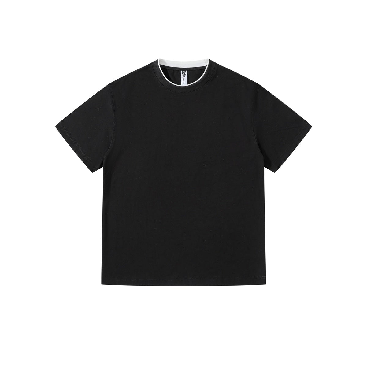 Black short-sleeve crew-neck T-shirt with white layered inner collar, flat front view