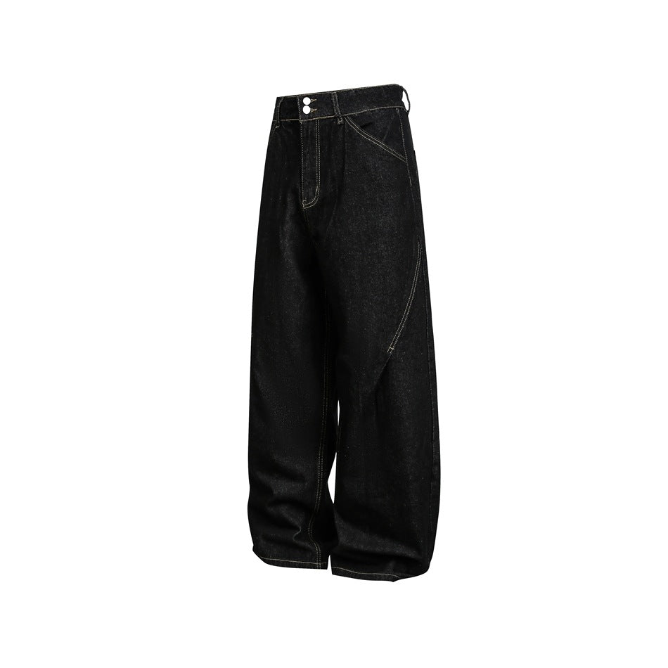Front view of black wide-leg jeans with contrasting gold stitching, two white waist buttons and angled front pockets.