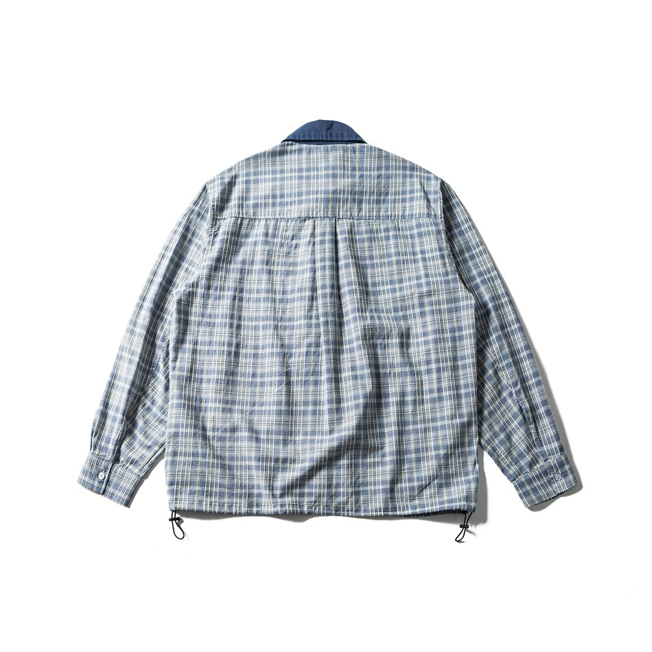 Back view of blue plaid shirt jacket showing yoke, center pleat, button cuffs and drawcord hem on a white background