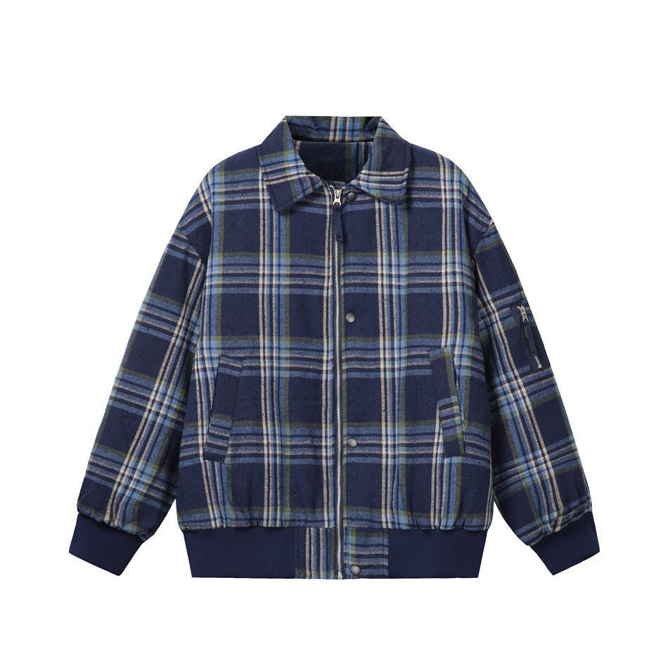 Blue plaid bomber-style jacket with collar, front zipper, snaps, flap pockets and ribbed cuffs, flat front view