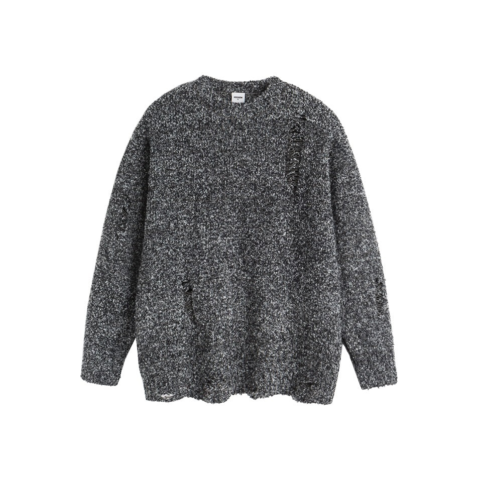 Gray melange distressed crew-neck knit sweater flat lay, front view, long sleeves with ribbed cuffs
