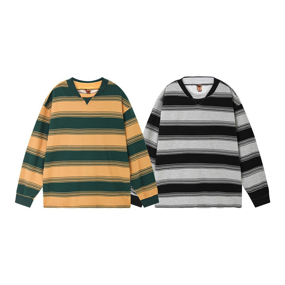 Two flat-display striped long-sleeve shirts: one green and mustard, the other black and light gray.