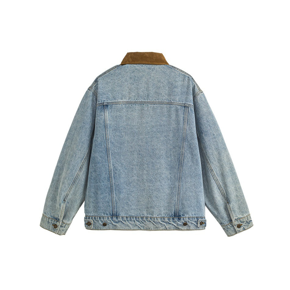 Back view of a light-wash denim jacket with a brown collar, long sleeves and adjustable buttoned hem.