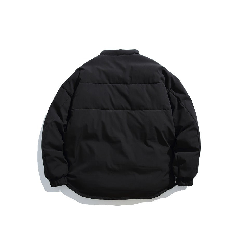 Back view of a black padded jacket with a high collar, horizontal quilting and elasticated cuffs.