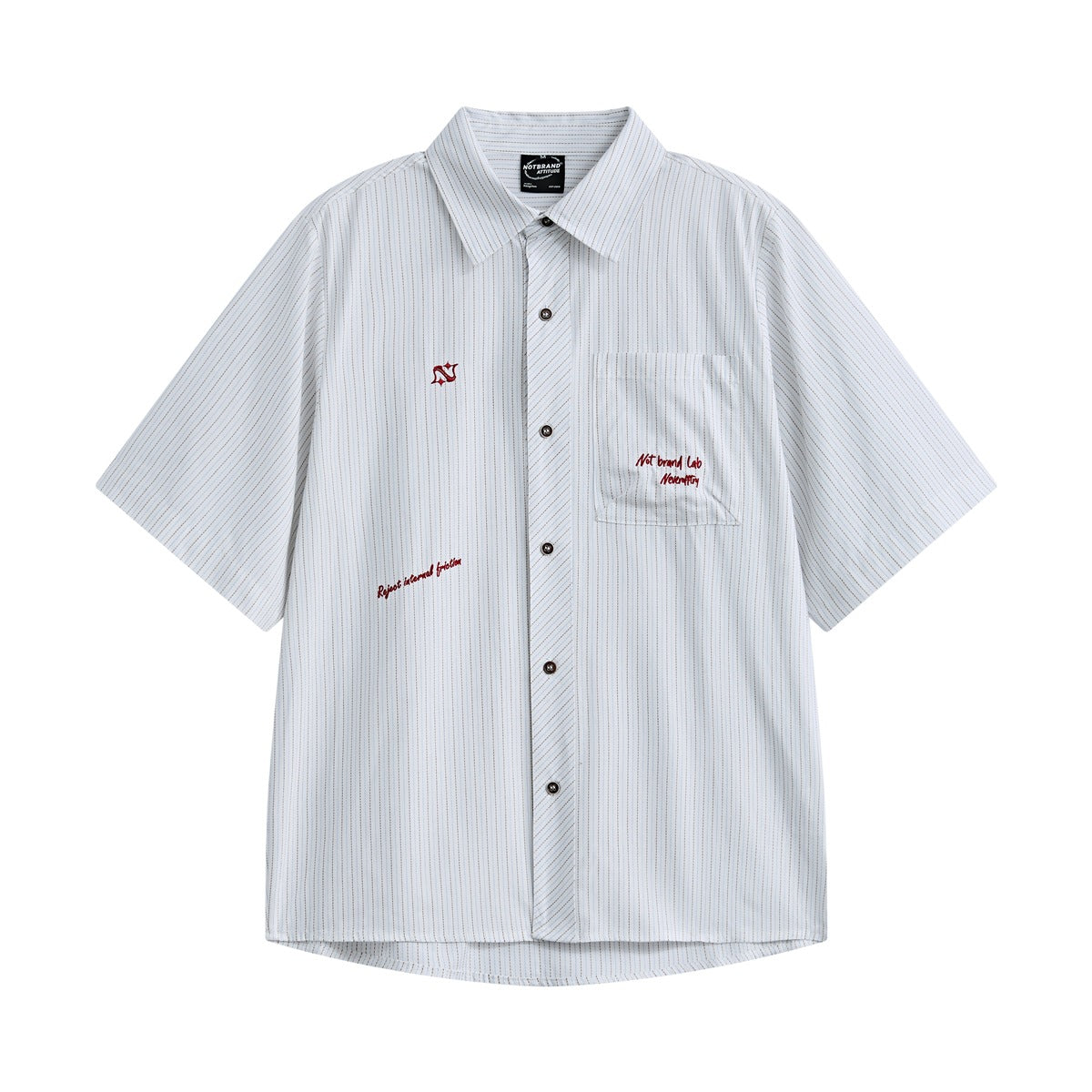 White pinstriped short-sleeve button-up shirt with chest pocket and red embroidery, front flat lay